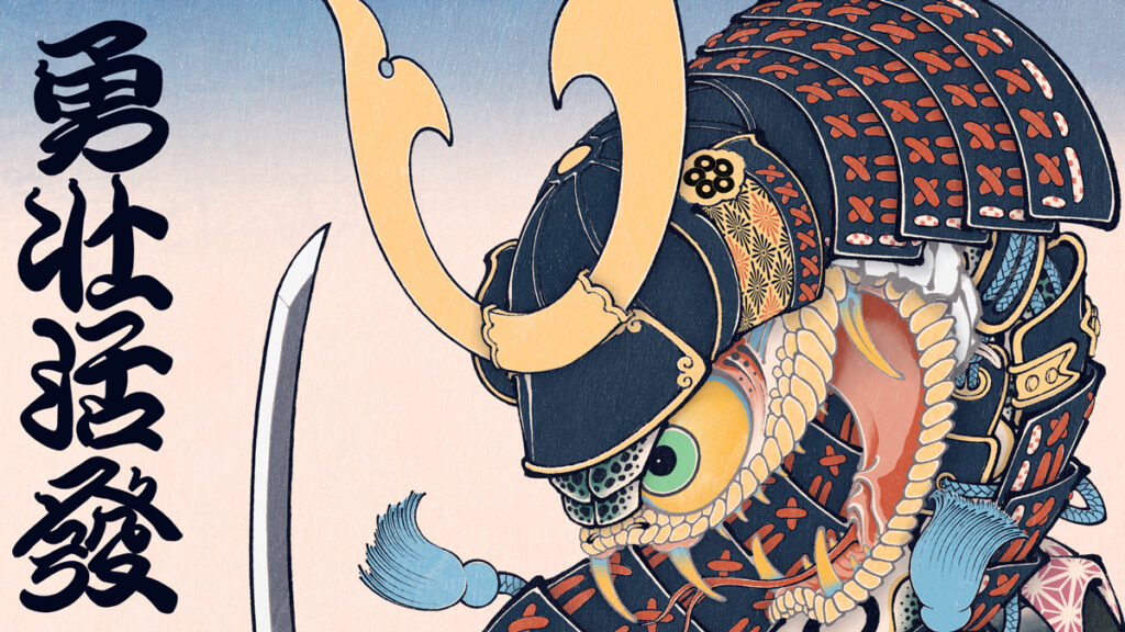 brave and energetic. A snake clad in Samurai armor emerges, while a frightened frog looks on. This artwork was created in celebration of Tango no Sekku (Children’s Day). I uplorded my first Artwork on INPRINT.